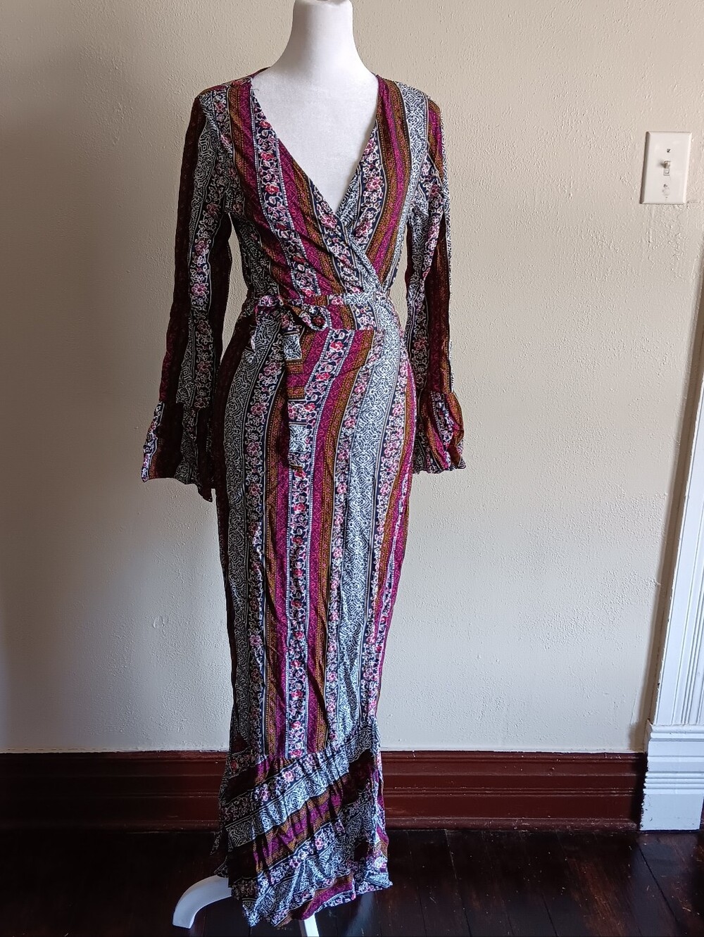 Boho Floral Stripe Wrap Maxi Dress Pink Multi Womens Small, Bohemian Summer